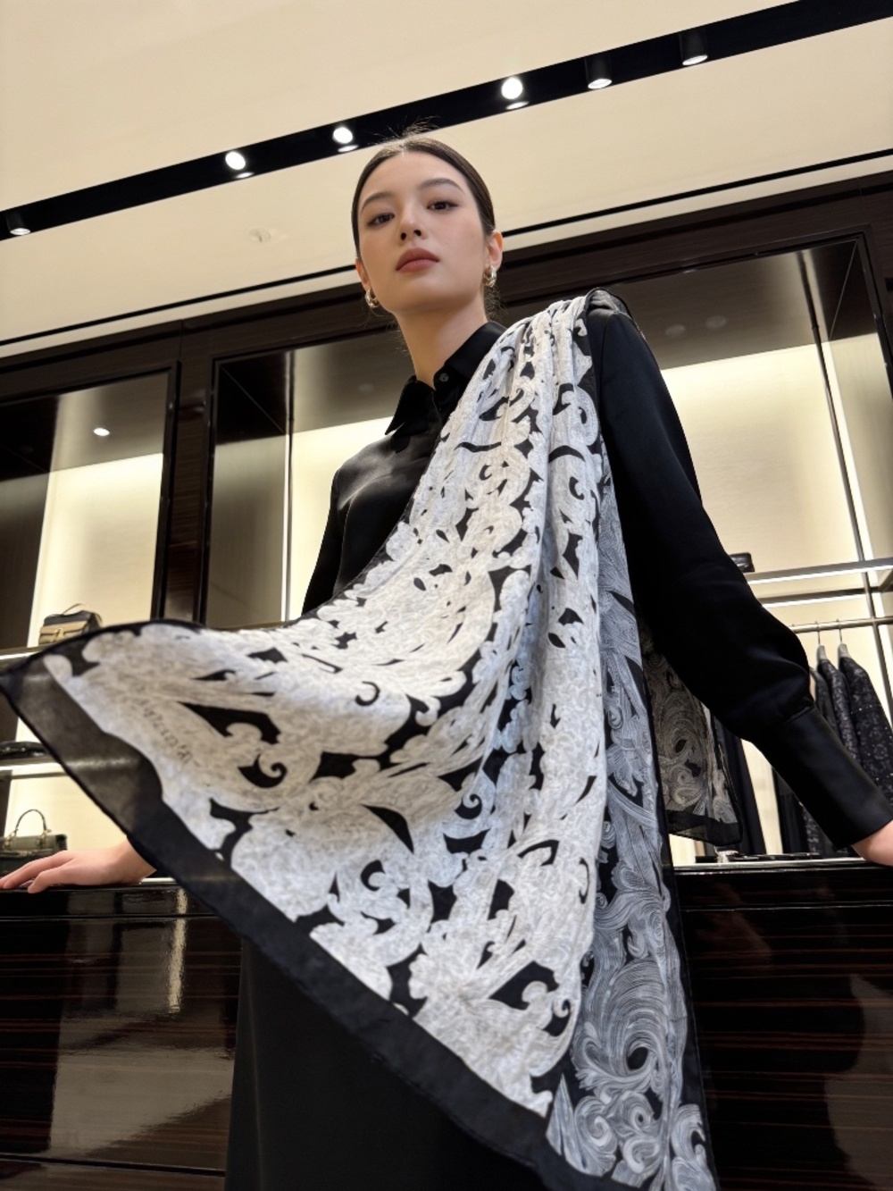 Signature Echo 100% Silk Scarf w/ Blue & Black Floral Scroll Pattern